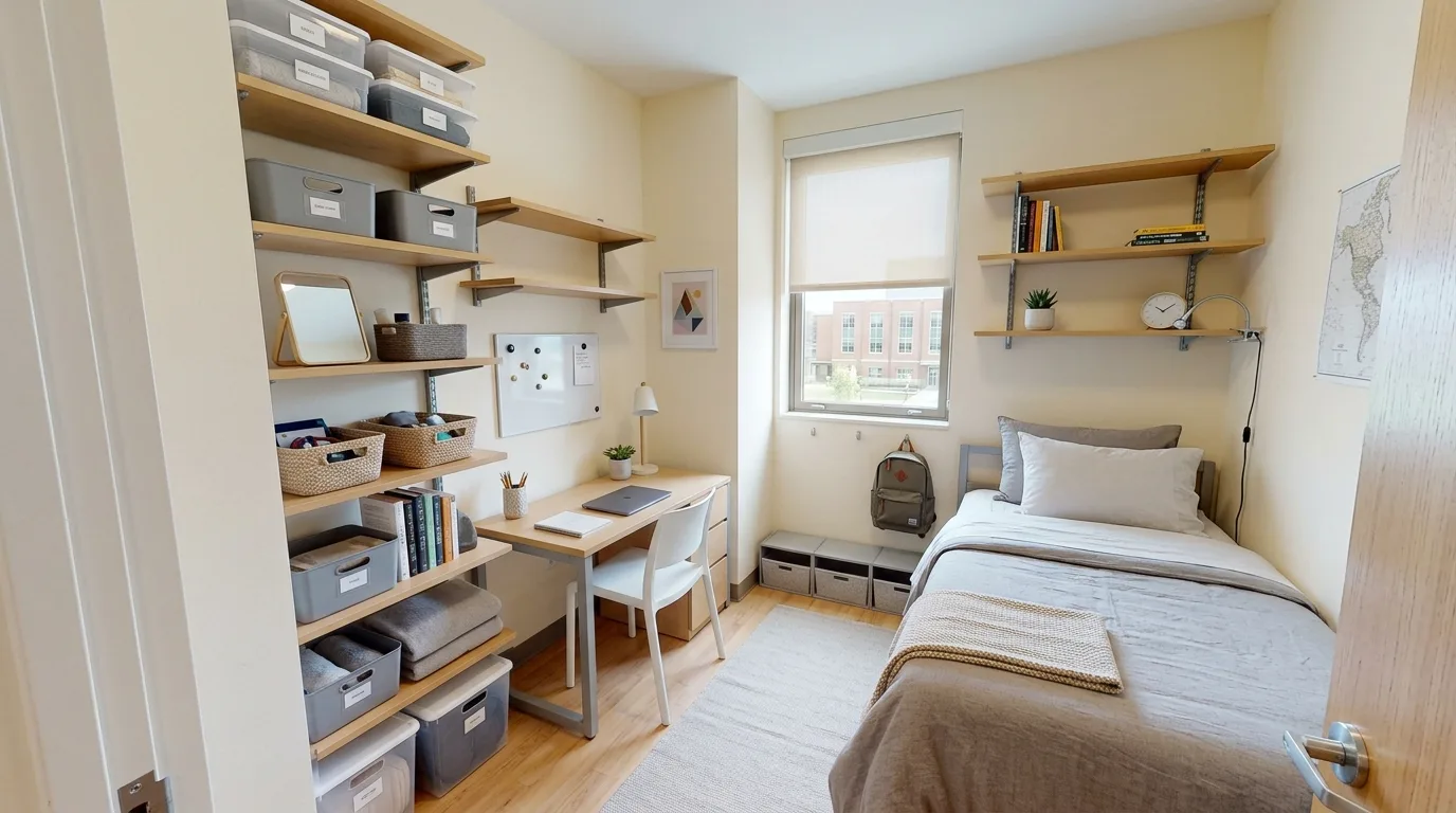 Use wall organizers to keep surfaces from getting crowded inspiration for a dorm room.